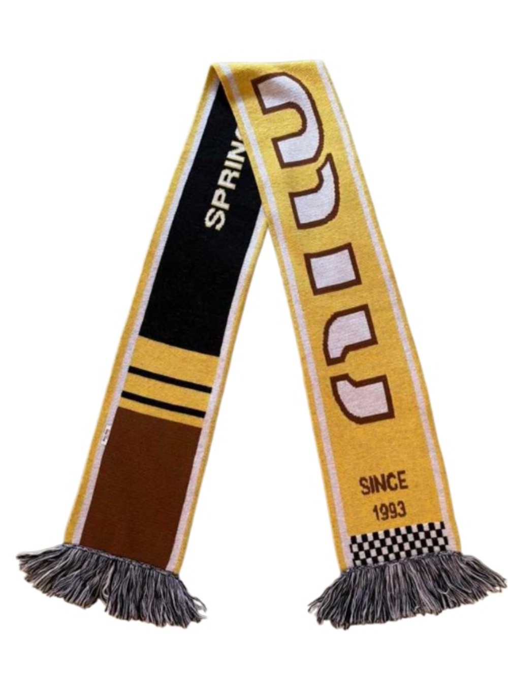 MIU MIU Wool Fringed Color Block & Graphics Knit Stadium Scarf